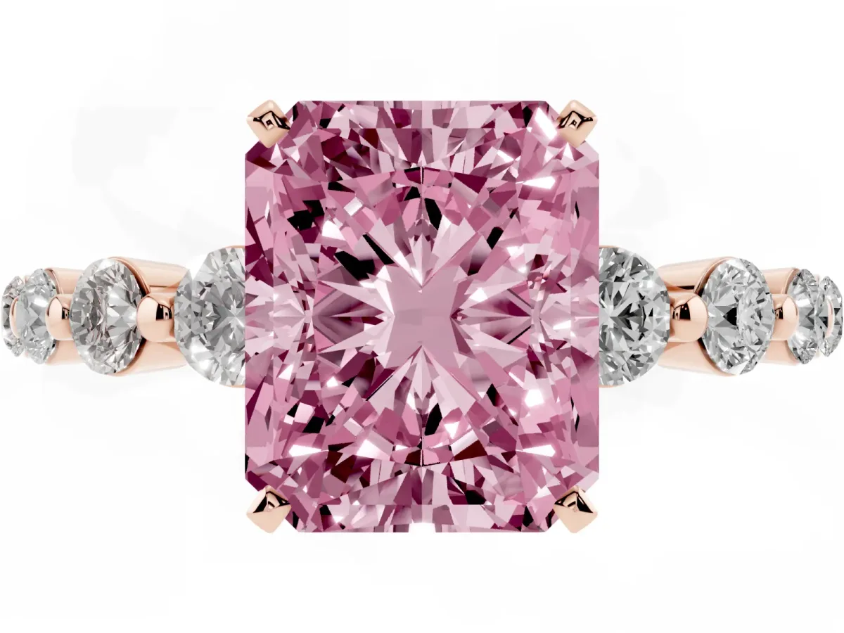 Fancy Pink Radiant Cut Solitaire Diamond Ring with Pave Band and Four-Prong Setting Rose gold