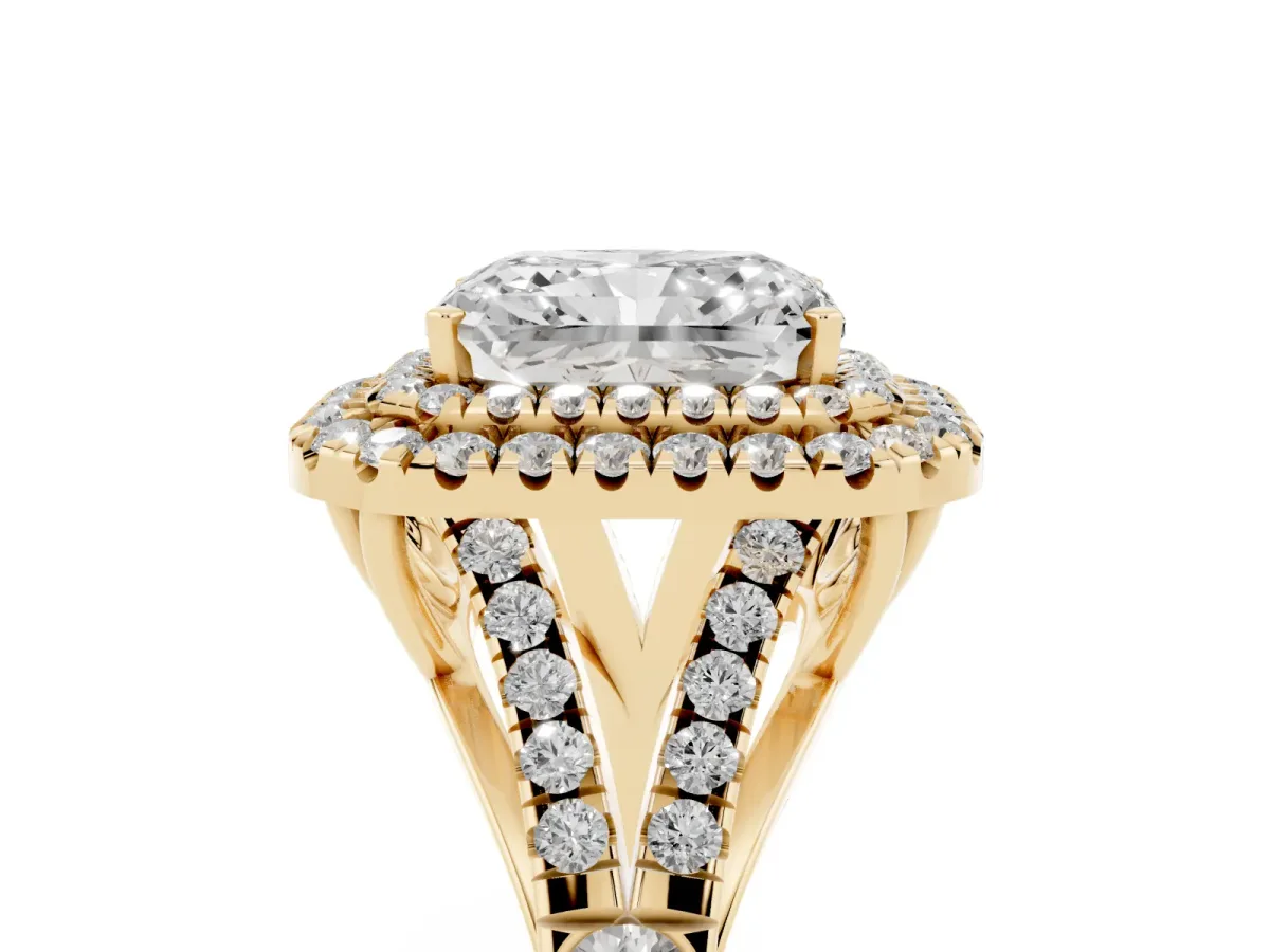 Double Halo Radiant Cut Diamond Split Shank Engagement Ring with Four-Prong Setting Yellow gold