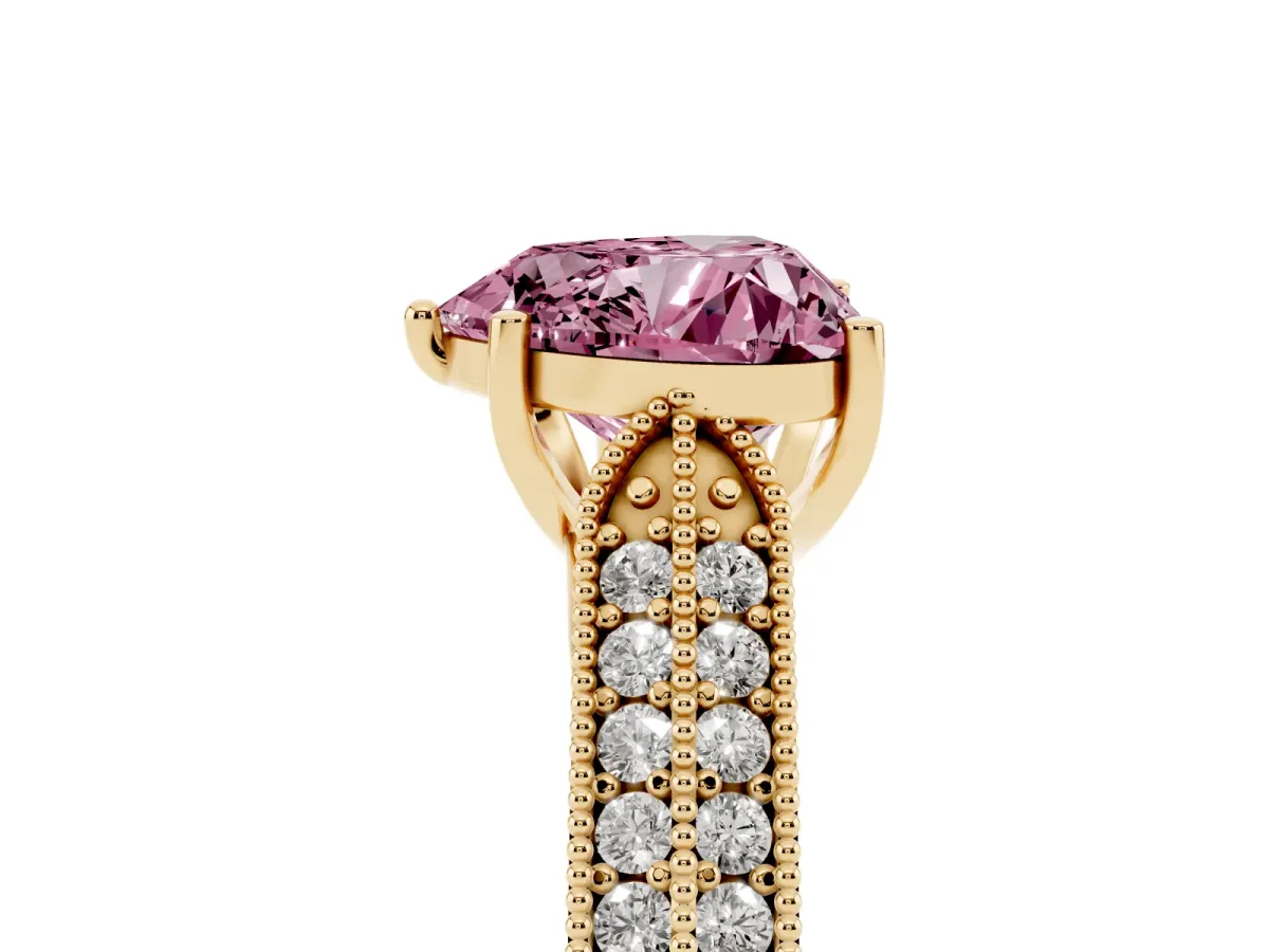 Fancy Pink Heart Cut Cut Pave Split Shank Engagement Ring with Four-Prong Setting Yellow gold
