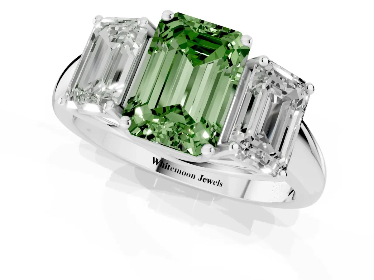 Fancy Green Three-Stone Emerald Cut Diamond Engagement Ring with Prong Setting White gold