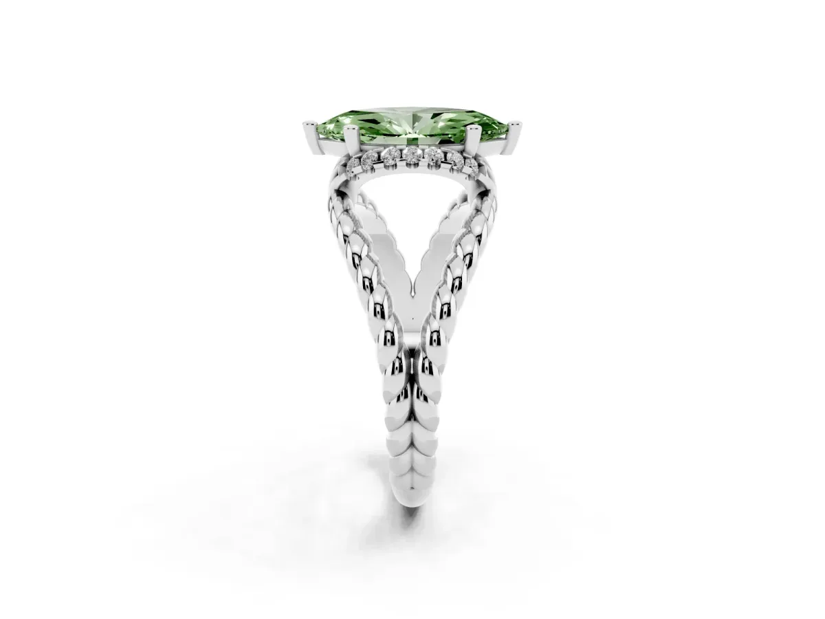 Fancy Green Marquise Cut Halo Twisted Band Four-Prong Ring Silver