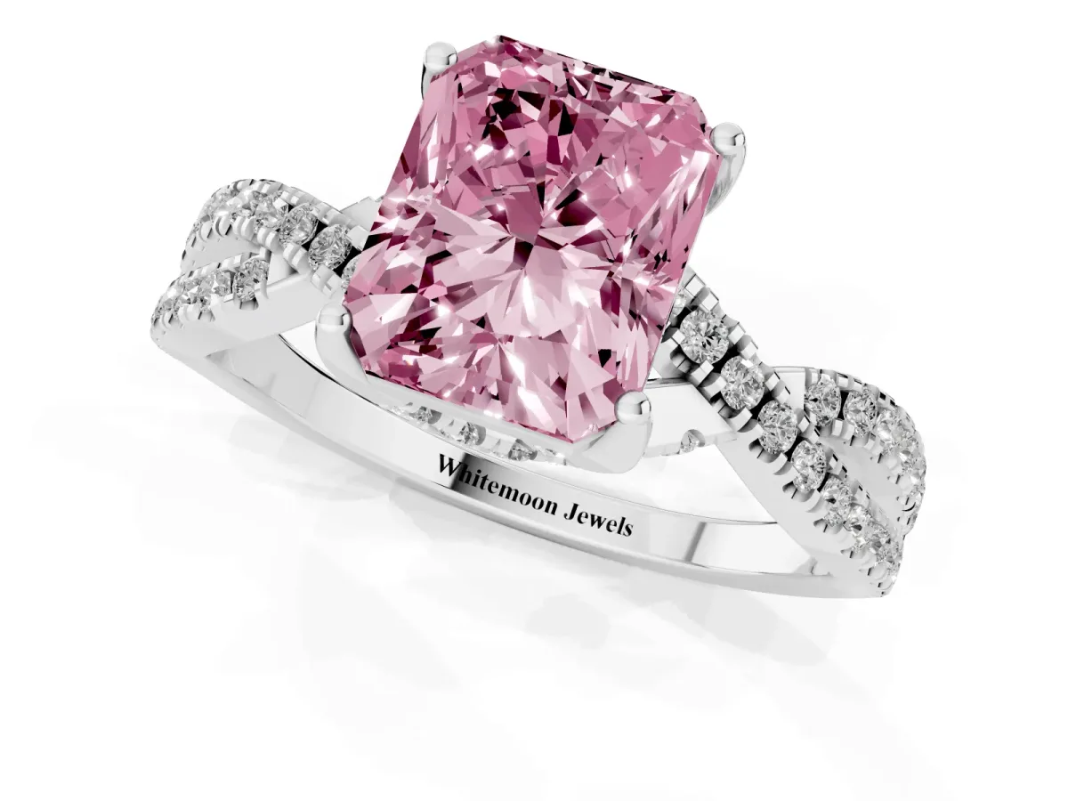 Fancy Pink Radiant Cut Solitaire Twist Pave Diamond Engagement Ring with Prong Setting Silver