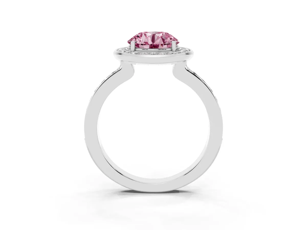 Fancy Pink Round Cut Diamond Halo Ring with Bezel Frame and Pavé Band Silver