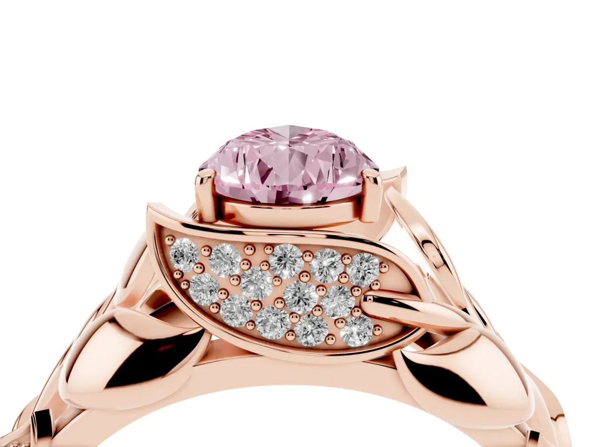 Fancy Pink Pear Cut Diamond Leaf-Inspired Engagement Ring with Round Accents and Prong Setting Rose gold