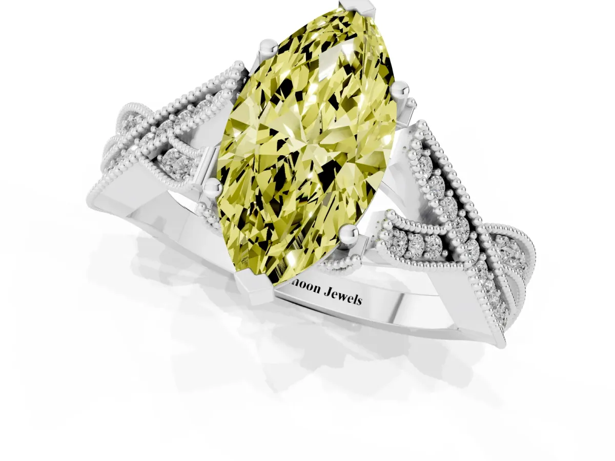Fancy Yellow Marquise Cut Cut Diamond Twisted Band with Milgrain Pave Setting and Four-Prong Setting Silver
