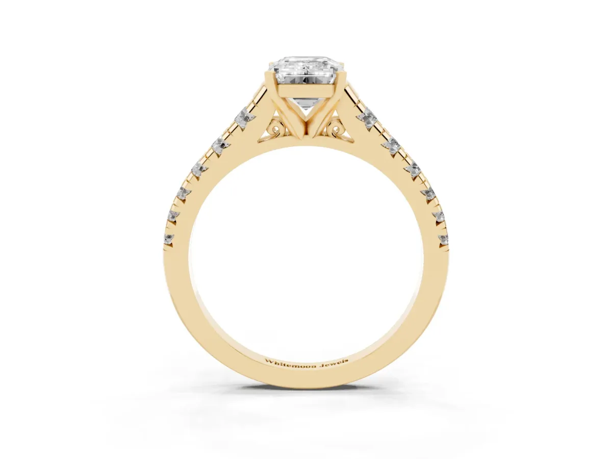 Emerald Cut Diamond Cathedral Solitaire Ring with Round Pavé Band Yellow gold