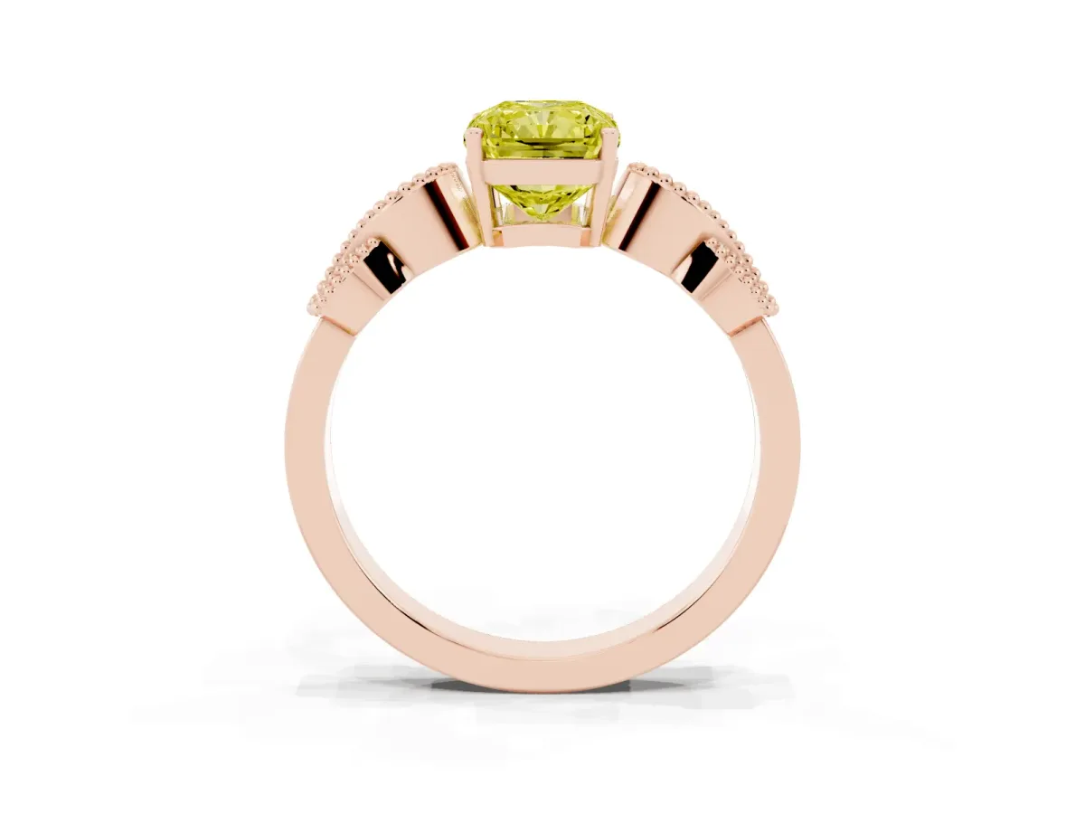 Fancy Yellow Radiant Cut Solitaire Milgrain Leaf Band with Prong Setting Rose gold
