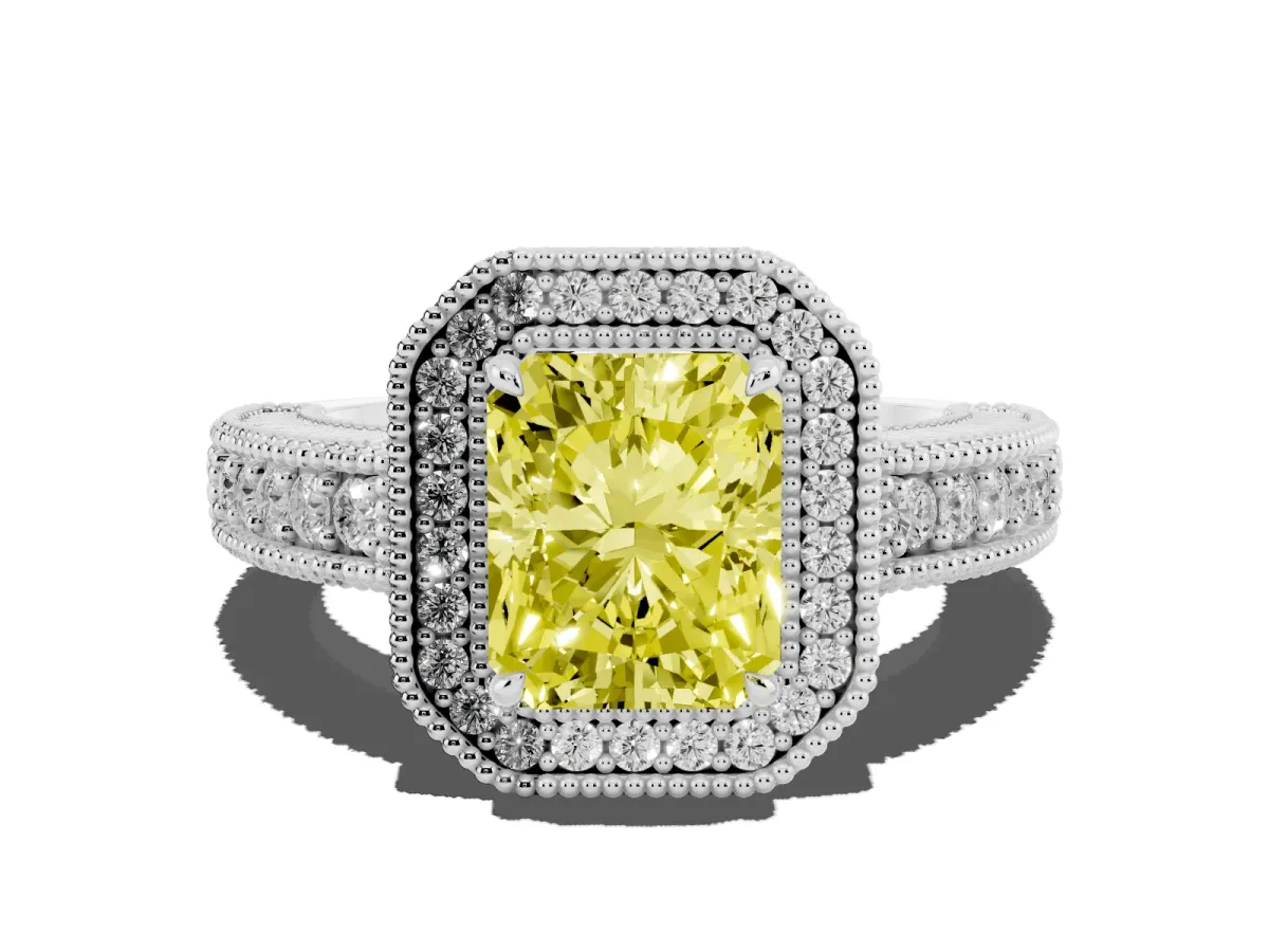 Fancy Yellow Radiant Cut Cut Halo Diamond Ring with Pavé Band and Four-Prong Setting Silver