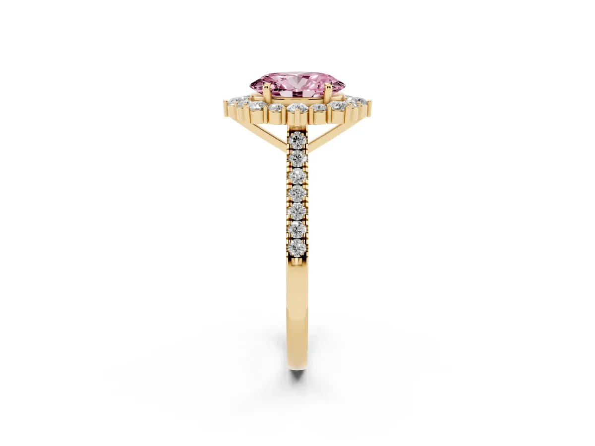 Fancy Pink Oval Cut Halo Diamond Ring with Pavé Band and Prong Setting Yellow gold