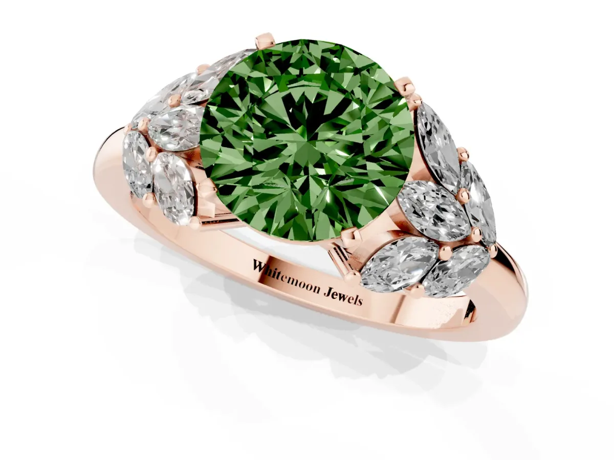 Fancy Green Round Cut Diamond Cluster Leaf Design Ring with Prong Setting Rose gold