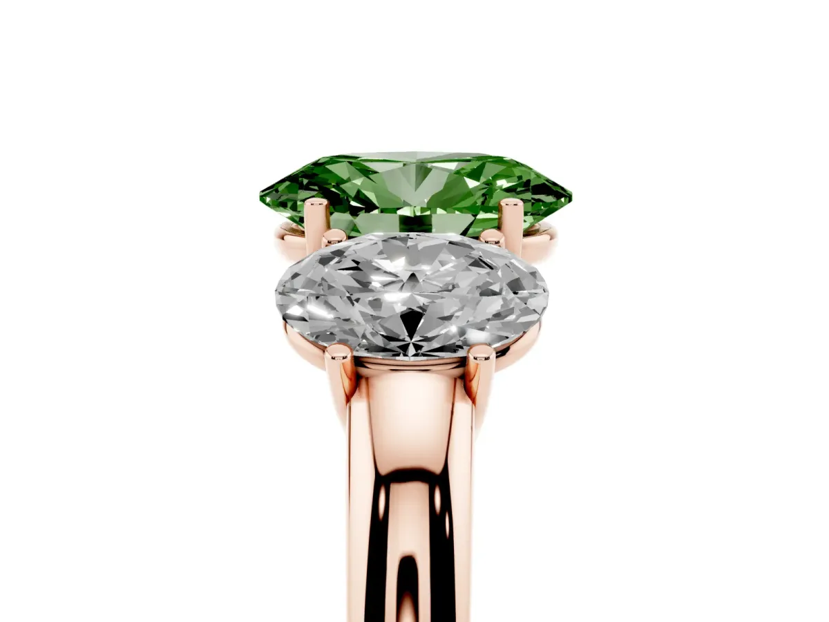 Fancy Green Oval Cut Diamond Three-Stone Ring with Four-Prong Setting and Classic Band Rose gold