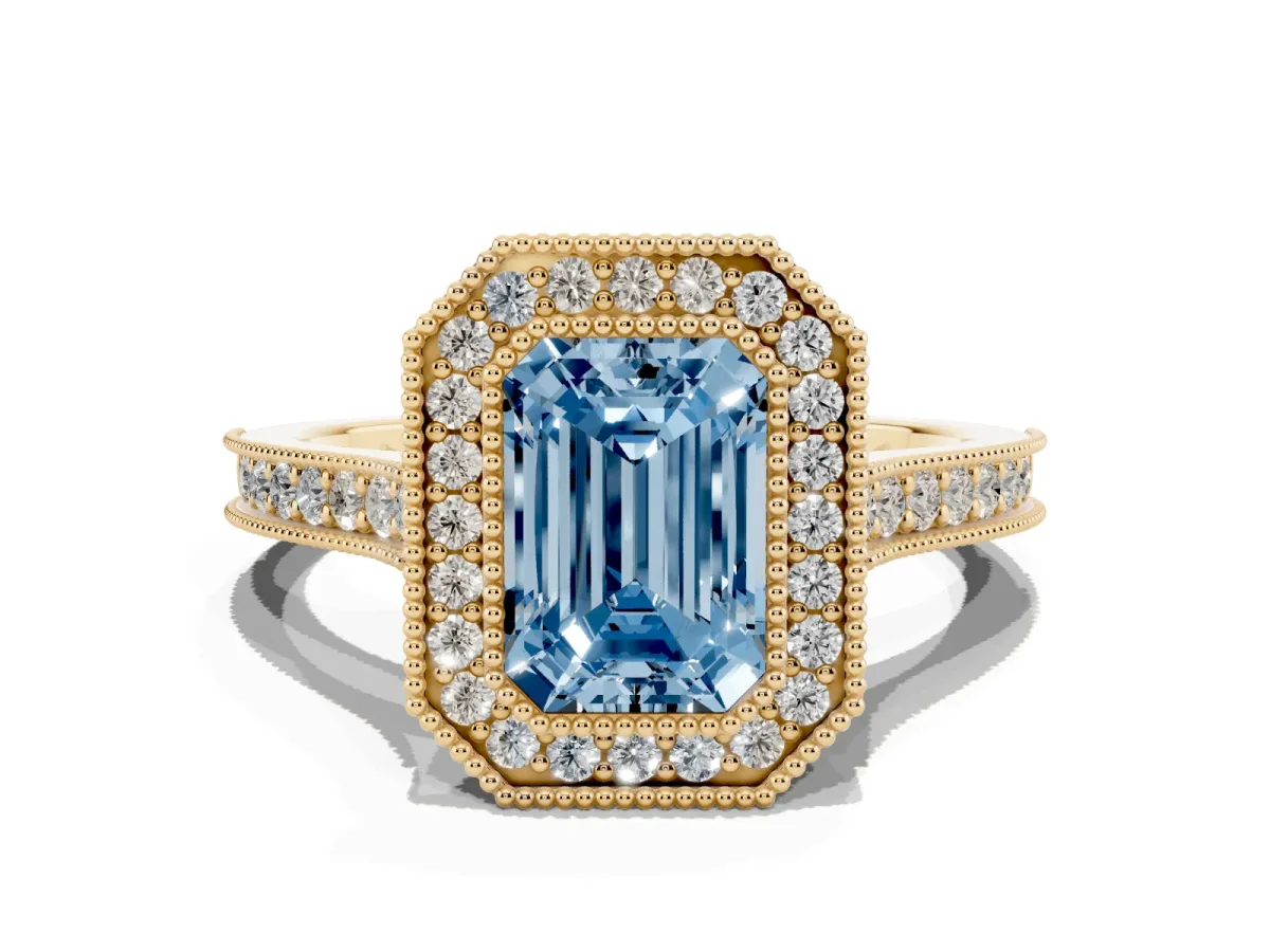 Fancy Blue Halo Emerald Cut-Cut Diamond Pave Band Milgrain Prong Setting Ring Yellow gold