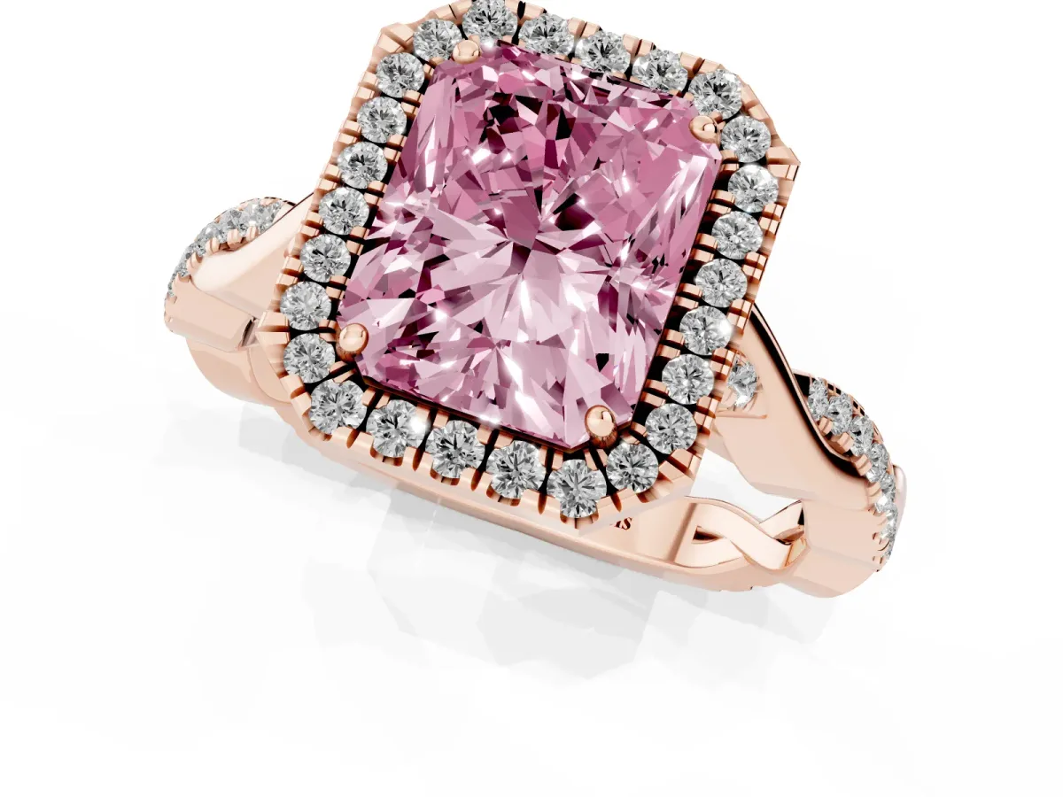 Fancy Pink Radiant Cut Halo Twist Band Solitaire Ring Rose gold