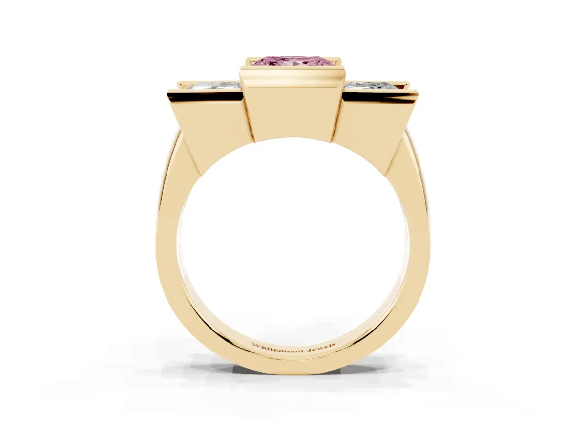 Fancy Pink Three Stone Princess Cut Cut Channel Set Diamond Ring Yellow gold