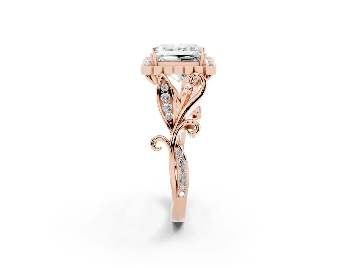 Princess Cut Diamond Halo Ring with Vintage Split Shank and Four-Prong Setting Rose gold