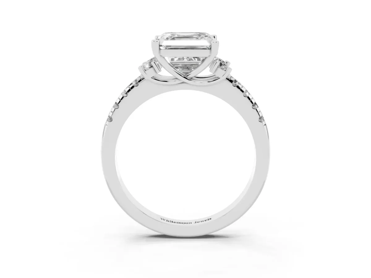 Asscher Cut Diamond Three-Stone Pave Band with Four-Prong Setting White gold