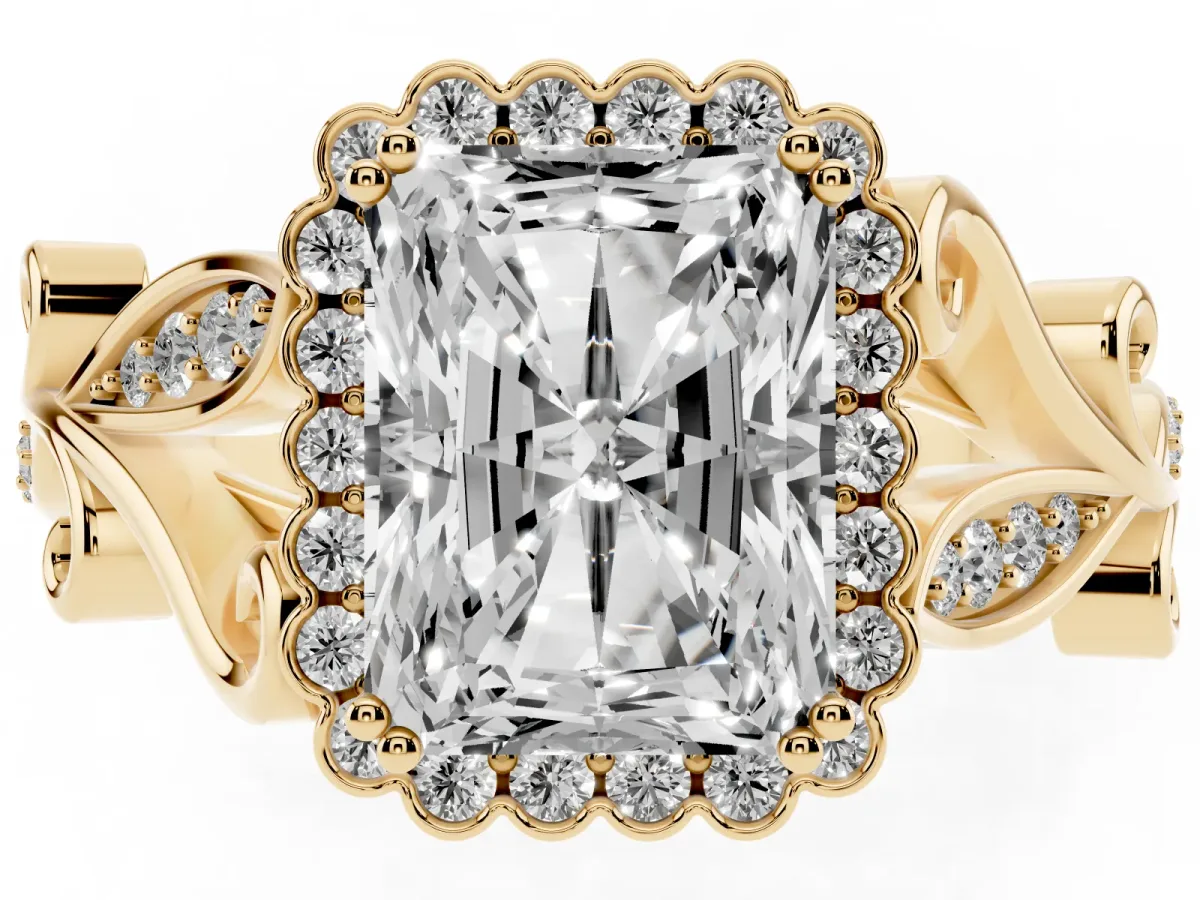 Radiant Cut Diamond Halo Ring with Vintage Split Shank and Four-Prong Setting Yellow gold