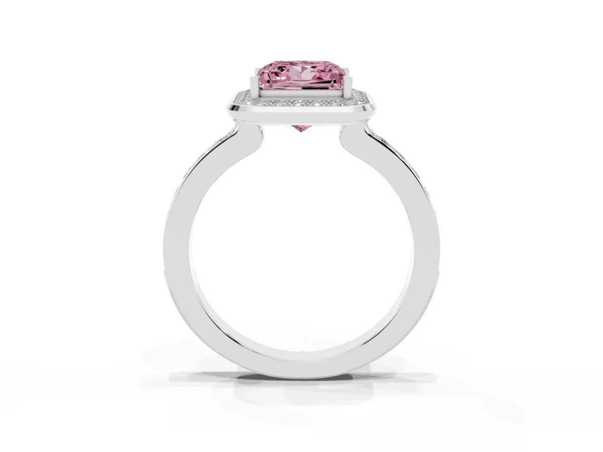 Fancy Pink Princess Cut Diamond Halo Ring with Bezel Frame and Pavé Band Platinum