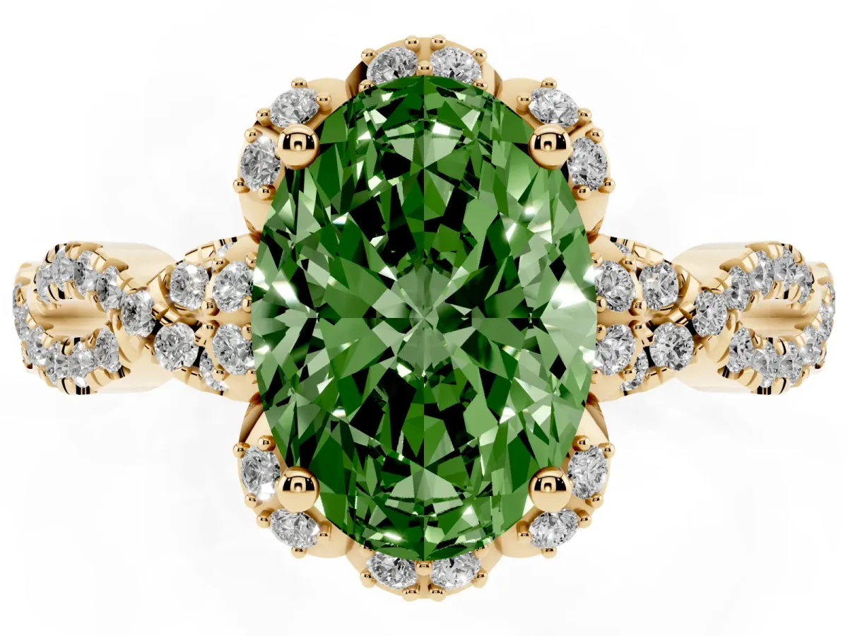 Fancy Green Oval Cut Halo Twist Band Solitaire Ring with Six-Prong Setting Yellow gold