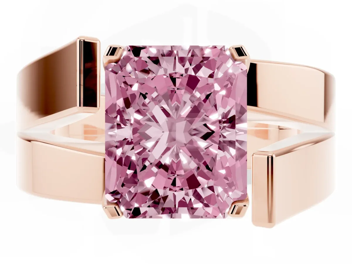 Fancy Pink Modern Tension Set Radiant Cut Diamond Solitaire Wide Band Ring Rose gold