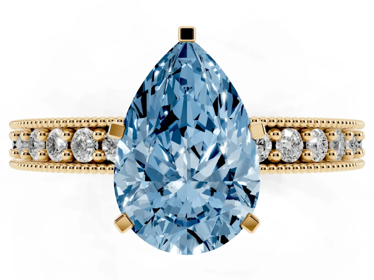 Fancy Blue Pear Cut Diamond Milgrain Pavé Engagement Ring with Four-Prong Setting Yellow gold