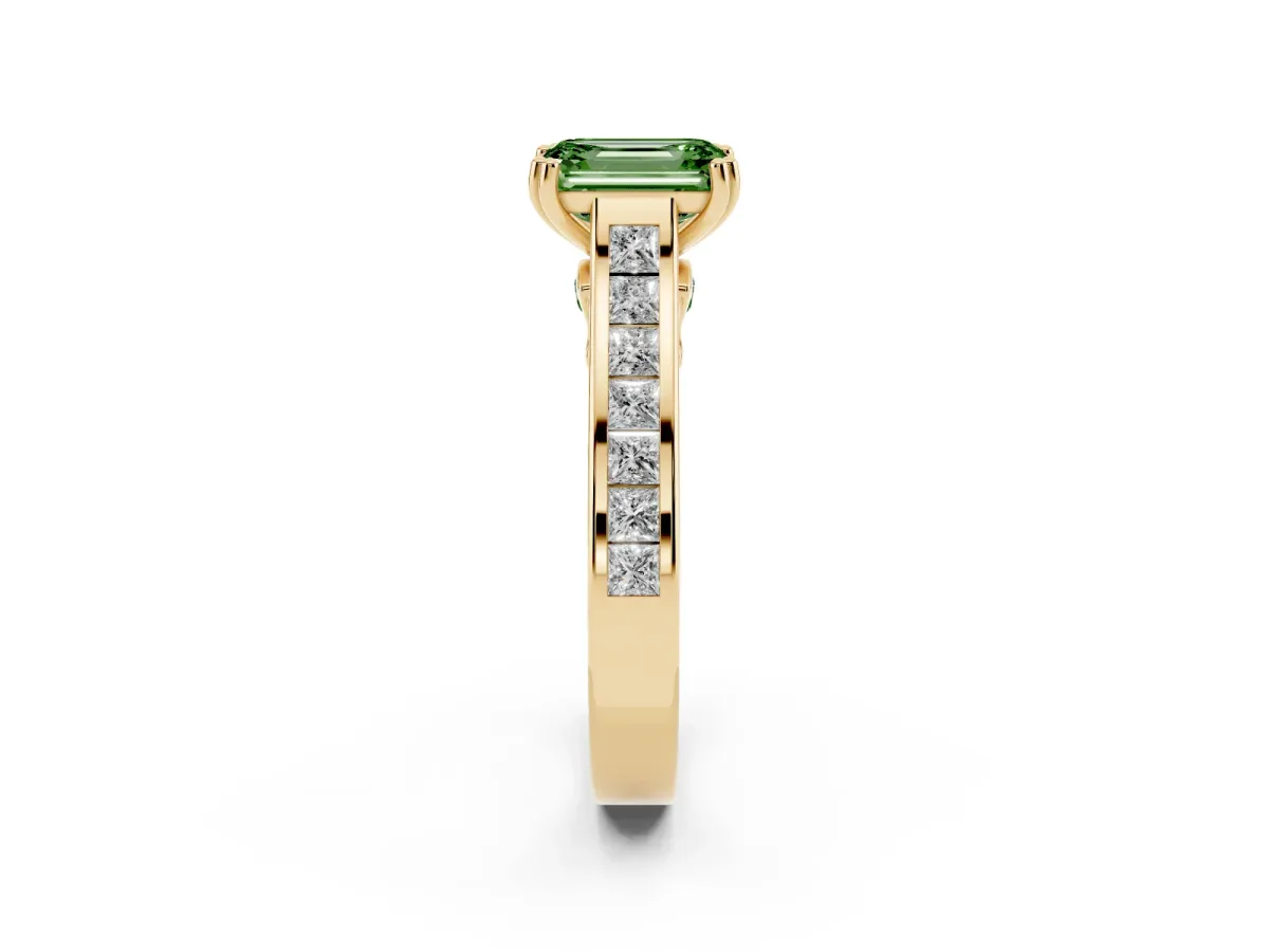 Fancy Green Emerald Cut Cut Channel Set Solitaire Engagement Ring with Prong Setting Yellow gold