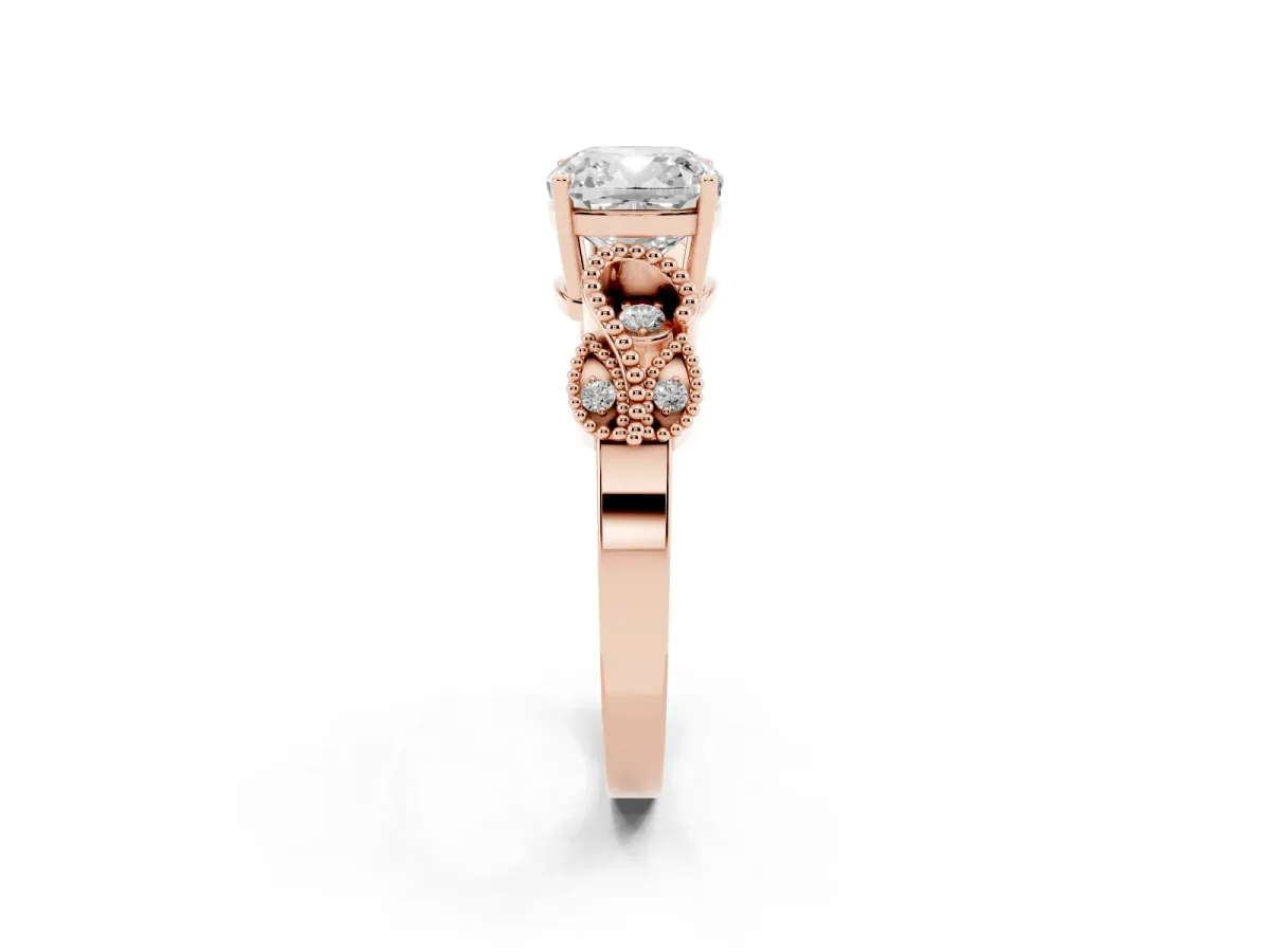 Cushion Cut Solitaire Milgrain Leaf Band with Prong Setting Rose gold