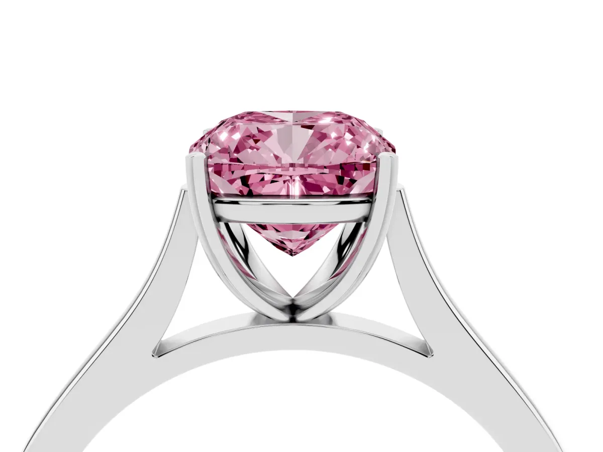 Fancy Pink Cushion Cut Solitaire Heart Prong Engagement Ring with Tapered Band Platinum