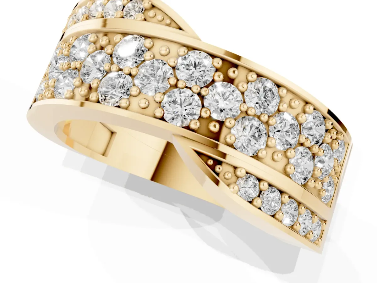Pavé Round Diamond Crossover Band with Bead Prong Setting Yellow gold
