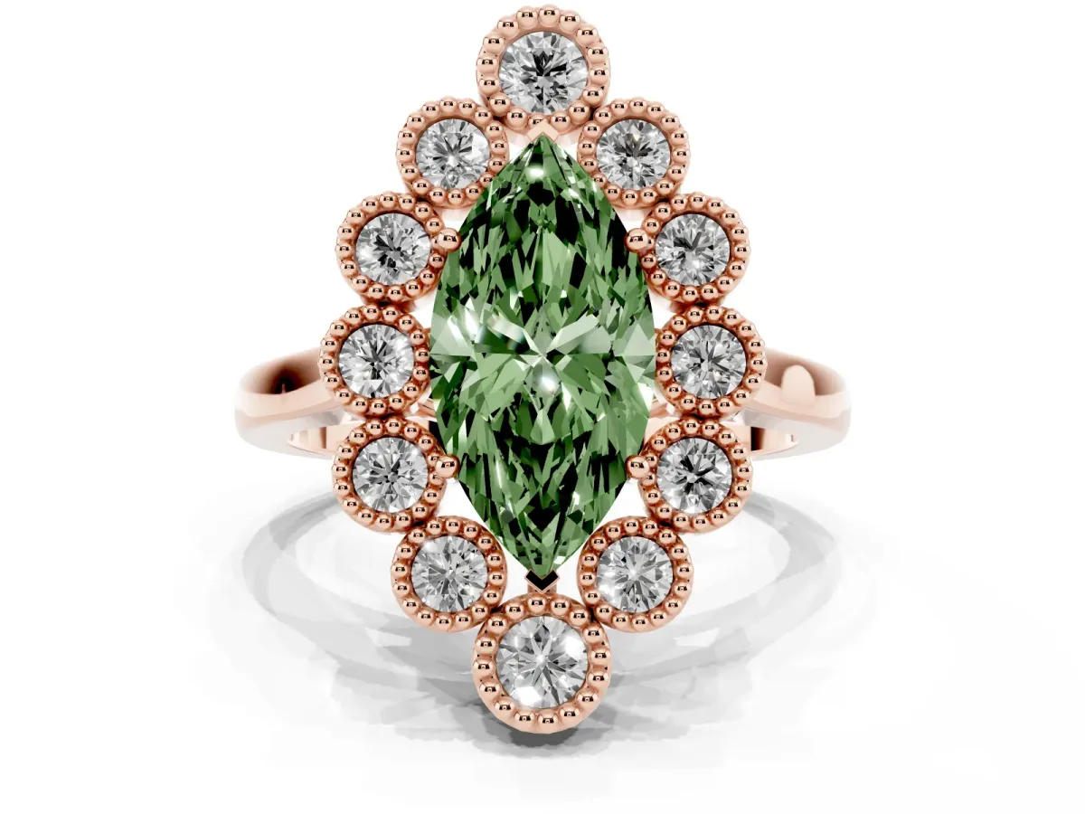 Fancy Green Marquise Cut Halo Diamond Cluster Engagement Ring with Milgrain Bezel Setting and Solitaire Band Rose gold