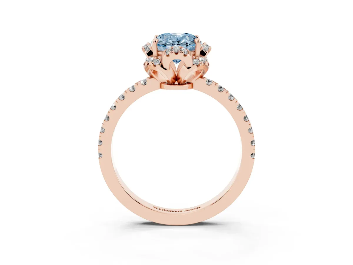 Fancy Blue Oval Cut Halo Diamond Pave Band Ring with Four-Prong Setting Rose gold