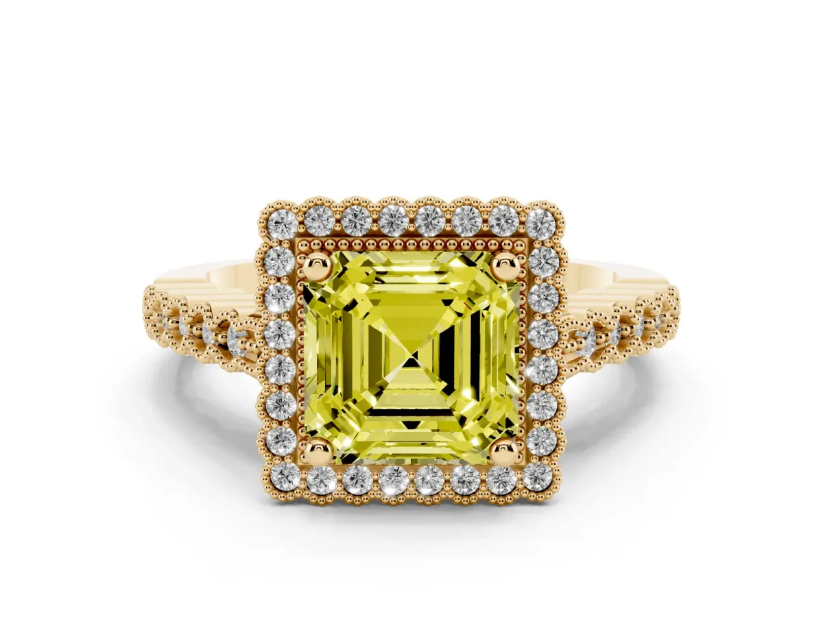 Fancy Yellow Asscher Cut Cut Halo Pavé Solitaire Ring with Milgrain Band Yellow gold