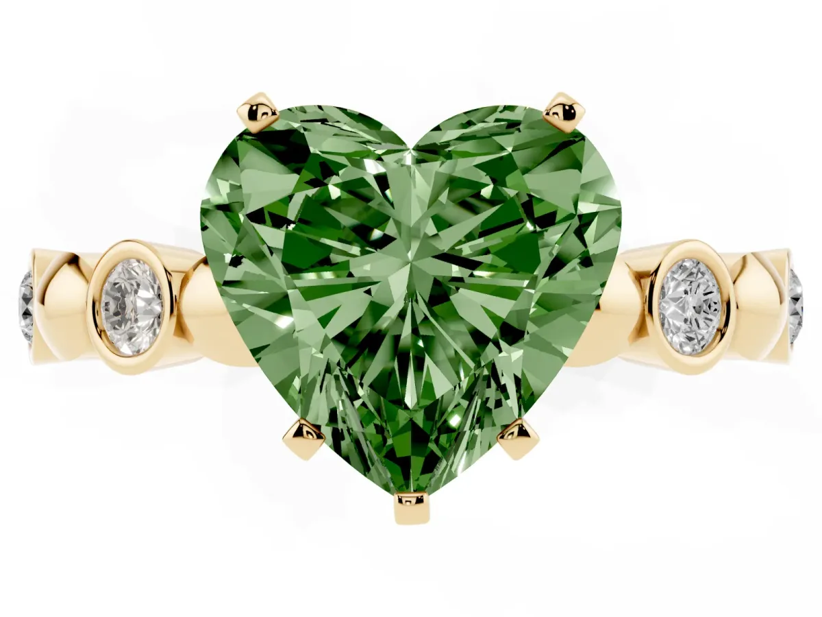 Fancy Green Heart Cut Solitaire Bezel-Set Diamond Ring with Beaded Band and Four-Prong Setting Yellow gold