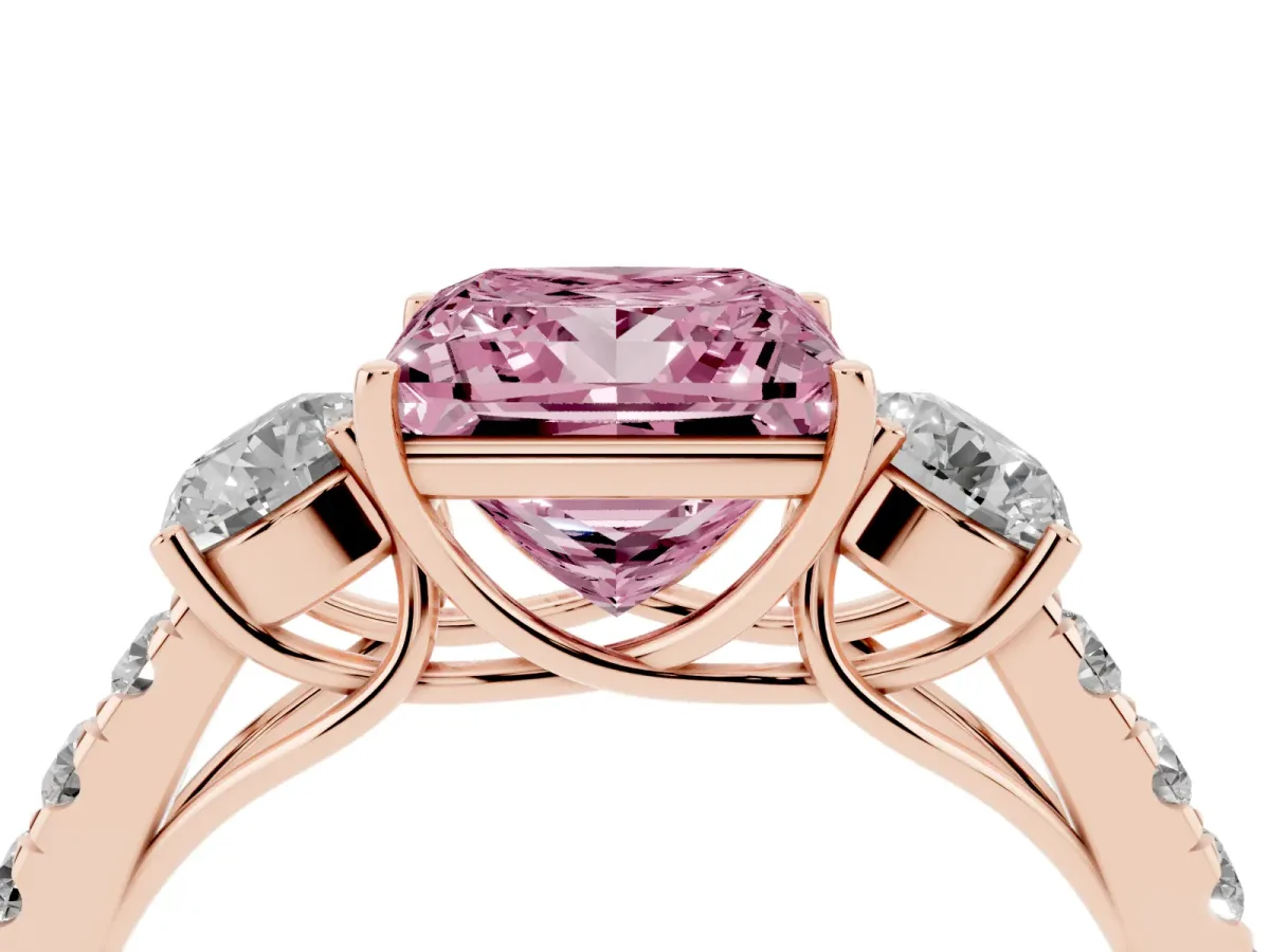 Fancy Pink Princess Cut Cut Diamond Three-Stone Ring with Round Side Stones and Pavé Band Rose gold