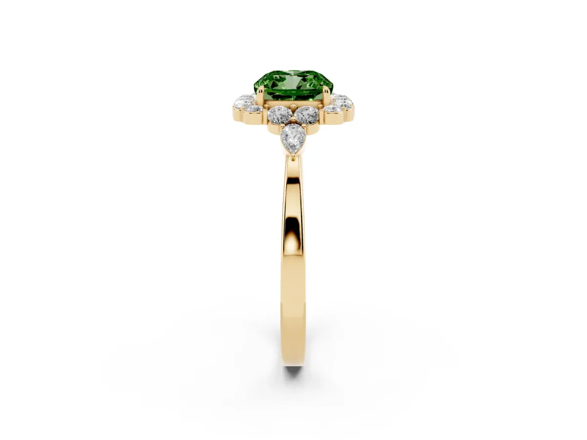Fancy Green Cushion Cut Diamond Halo Ring with Pear Side Stones and Prong Setting Yellow gold