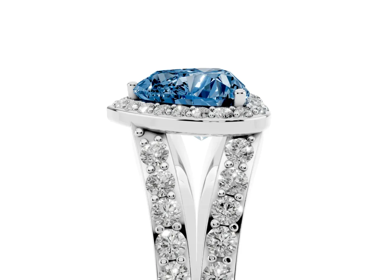 Fancy Blue Heart Cut Diamond Split Shank Halo Ring with Four-Prong Setting White gold
