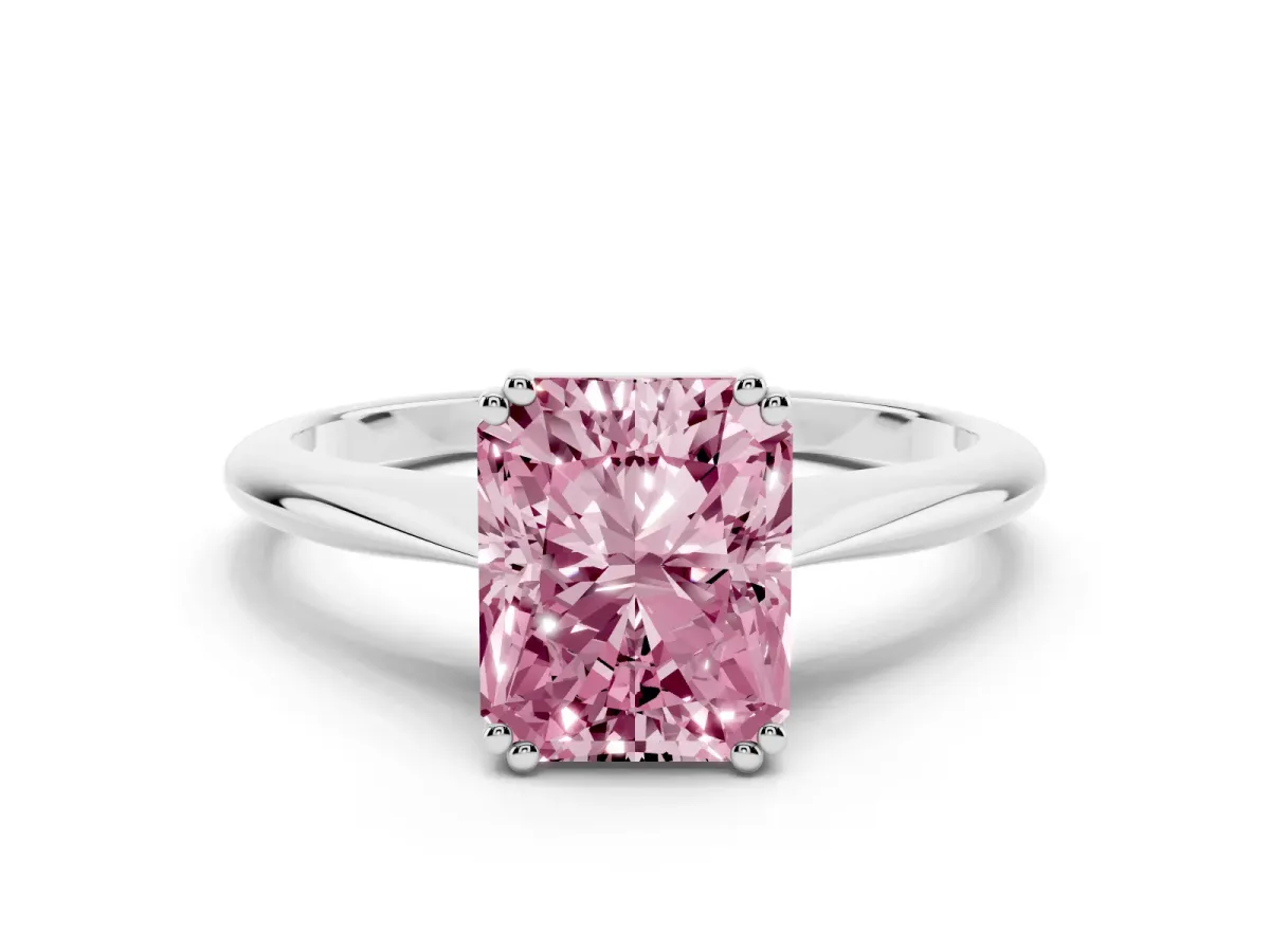 Fancy Pink Radiant Cut Solitaire Diamond Ring with Six-Prong Setting and Classic Band Silver
