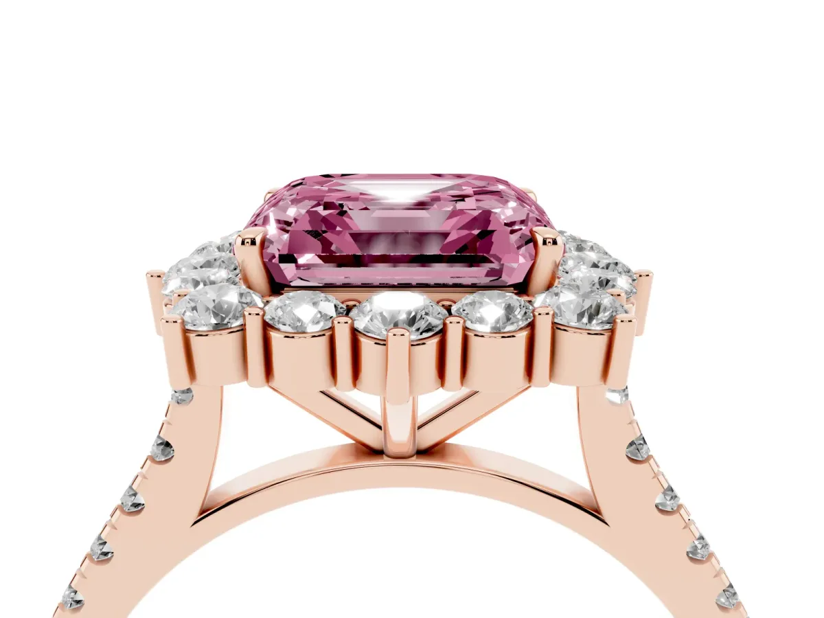 Fancy Pink Asscher Cut Halo Diamond Ring with Pavé Band and Prong Setting Rose gold