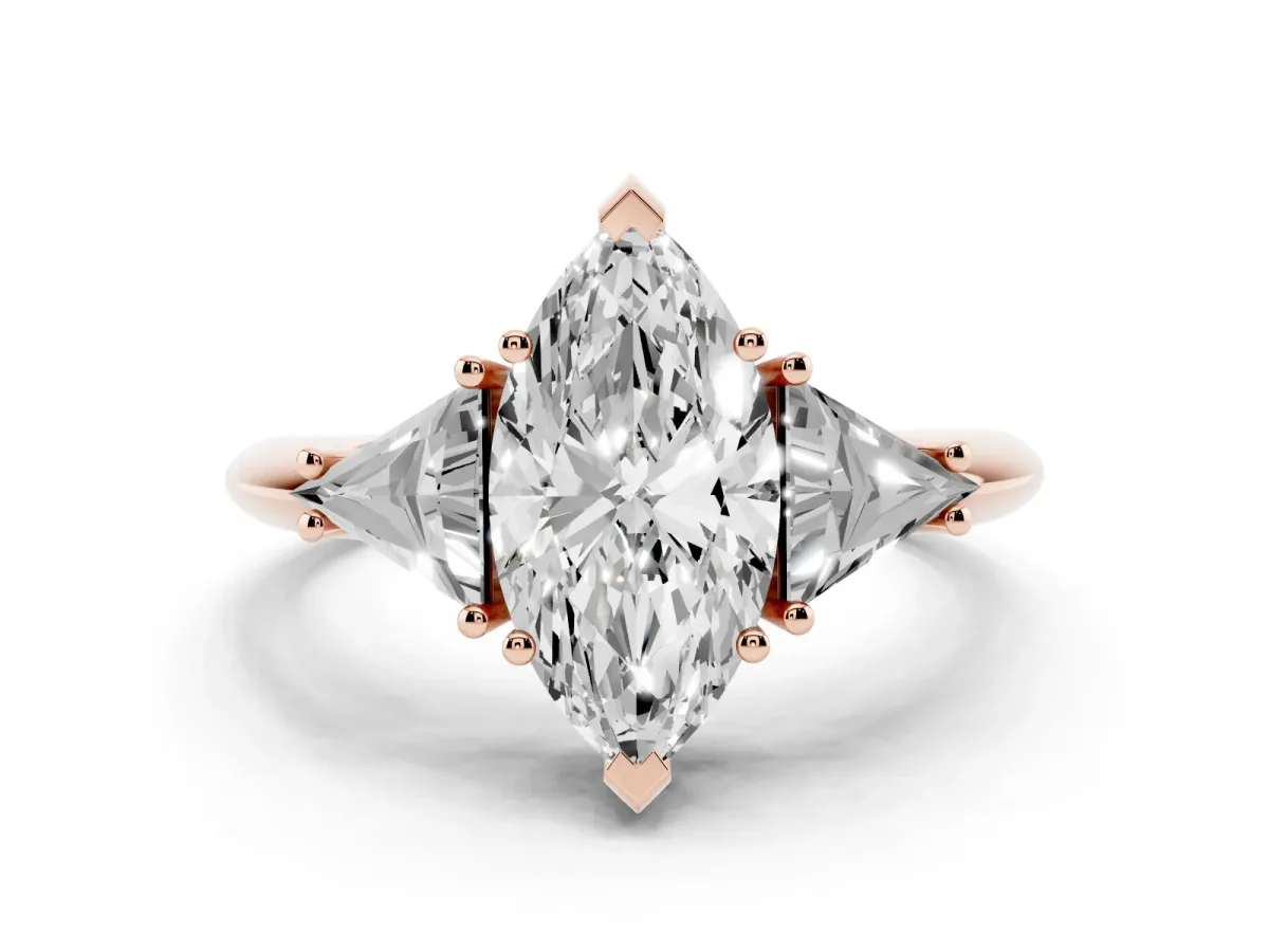 Three-Stone Marquise Cut Diamond Engagement Ring with Trillion Side Stones and Prong Setting Rose gold