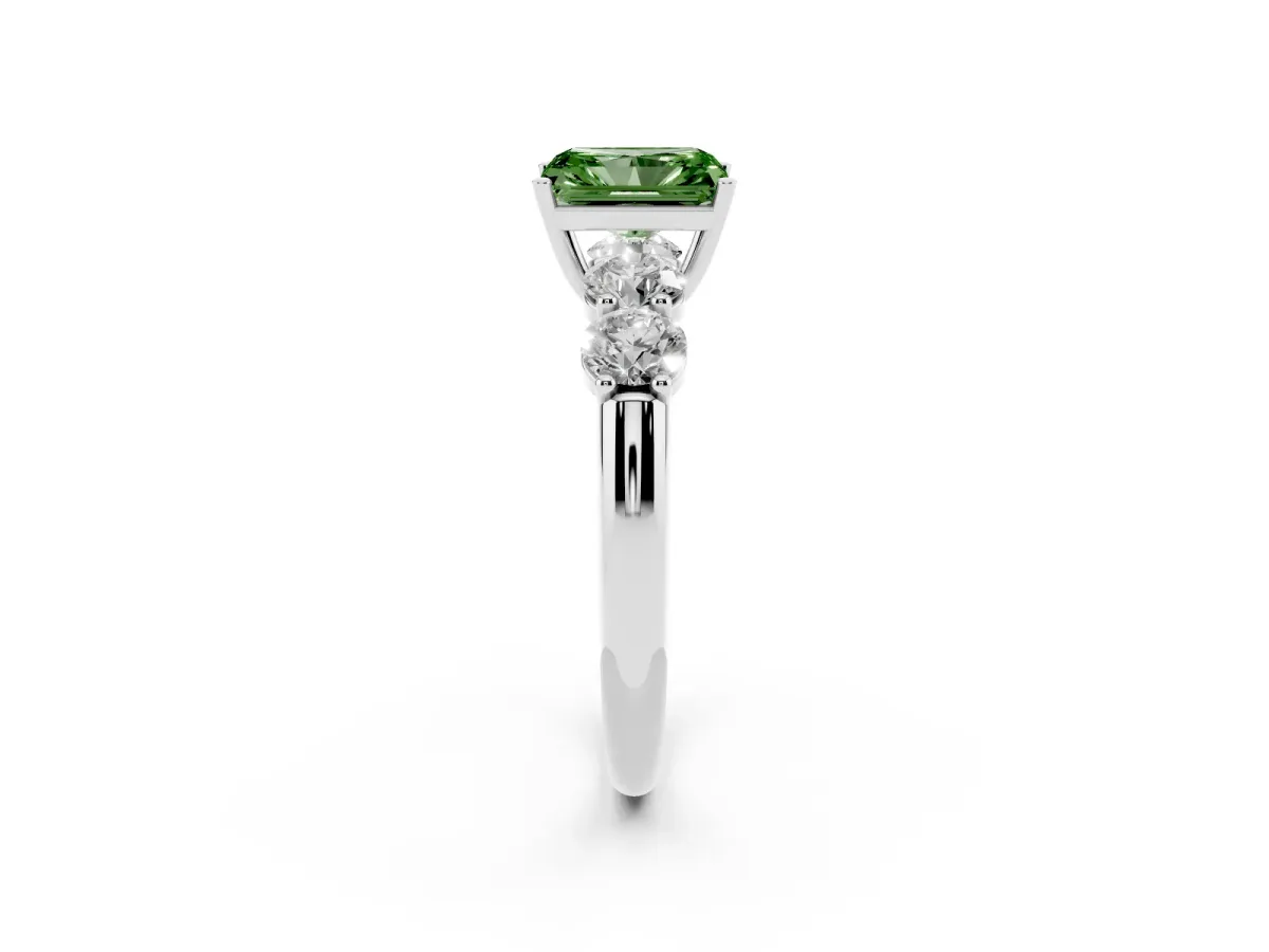 Fancy Green Radiant Cut Cut Five-Stone Prong Set Diamond Ring with Classic Band Silver