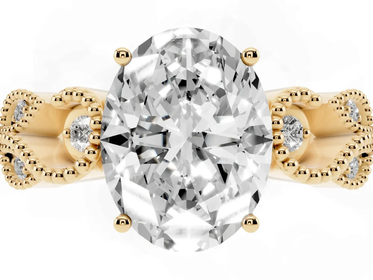 Oval Cut Solitaire Milgrain Leaf Band with Prong Setting Yellow gold