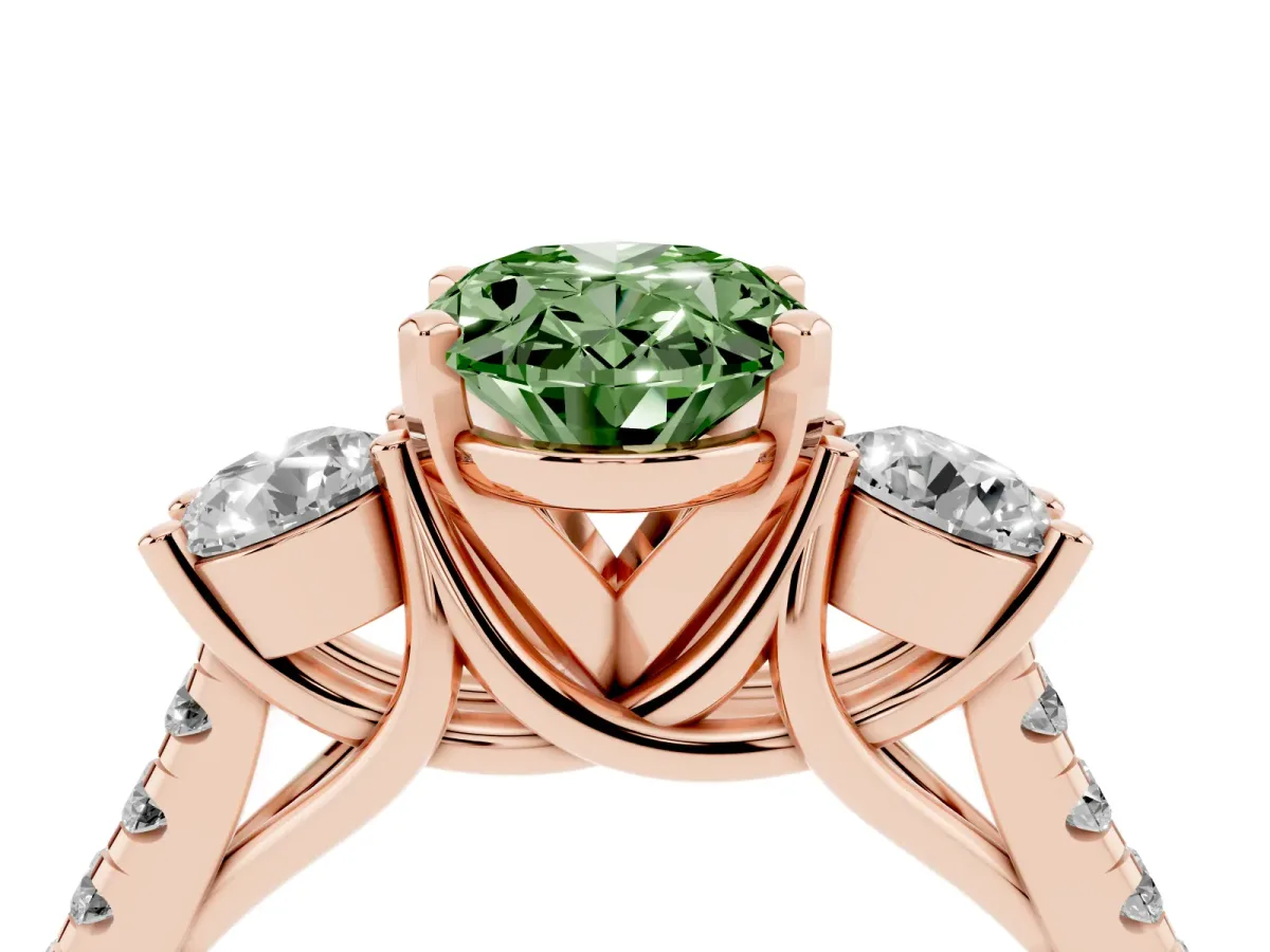 Fancy Green Three-Stone Oval Cut Diamond Pavé Band with Four-Prong Setting Rose gold