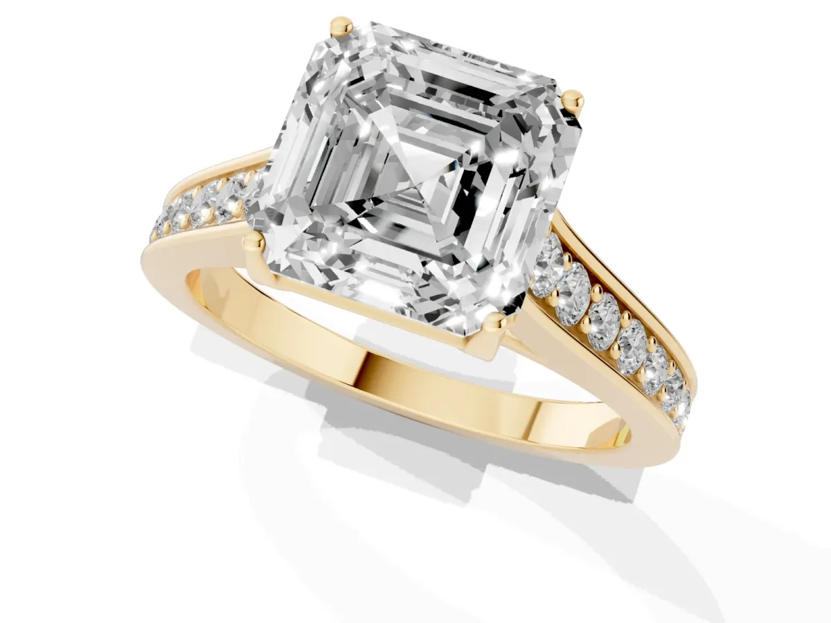 Asscher Cut Brilliant Cut Diamond Engagement Ring with Pavé Band and Four-Prong Setting Yellow gold