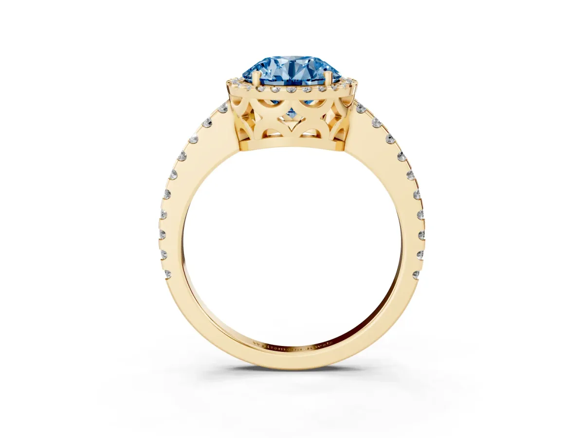 Fancy Blue Round Cut Diamond Halo Engagement Ring with Pavé Band and Prong Setting Yellow gold