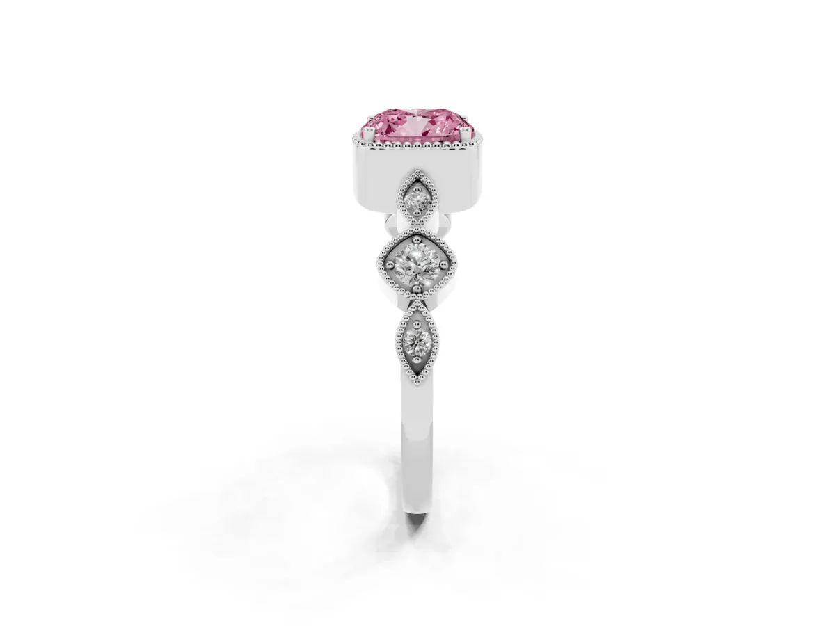 Fancy Pink Cushion Cut Diamond Vintage Milgrain Ring with Round Stations Silver