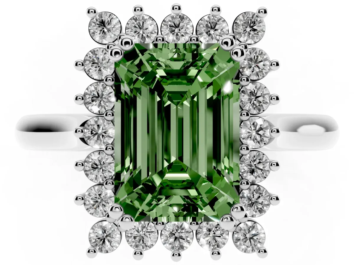 Fancy Green Emerald Cut Cut Diamond Halo Ring with Solitaire Band and Prong Setting Silver