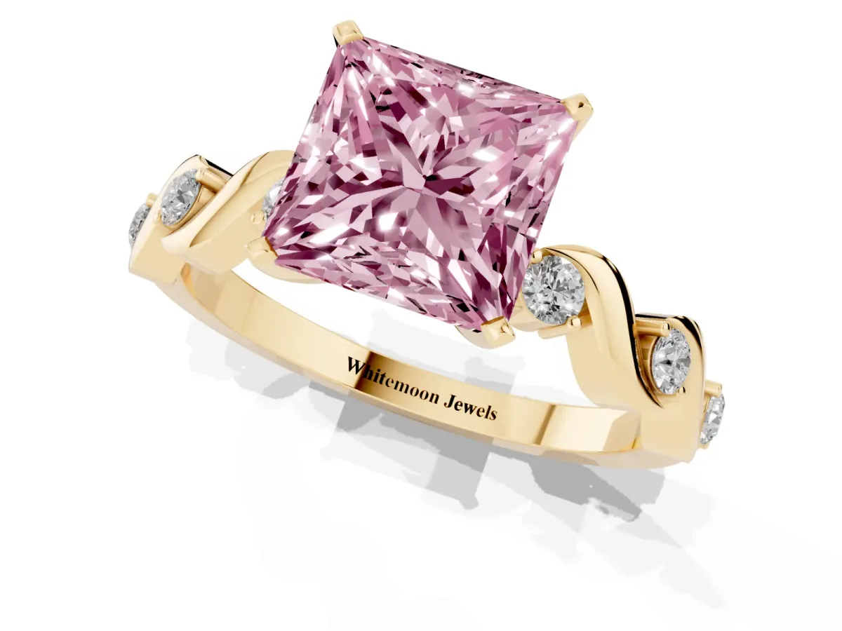 Fancy Pink Princess Cut Diamond Solitaire Twisted Band with Round Accents and Prong Setting Yellow gold