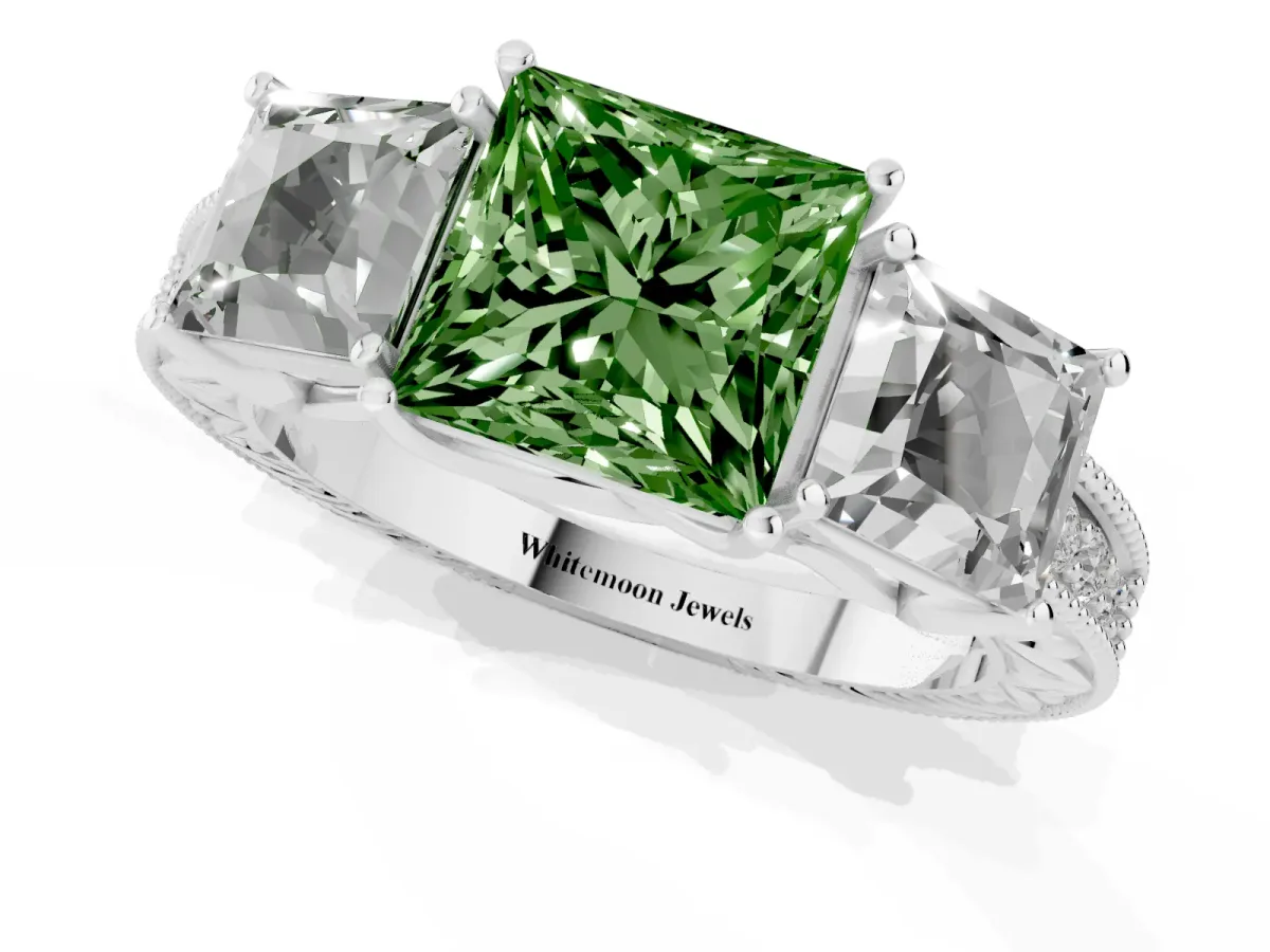 Fancy Green Three-Stone Princess Cut Cut Milgrain Pavé Engagement Ring Silver
