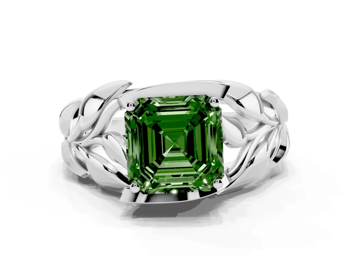 Fancy Green Asscher Cut Diamond Leaf-Inspired Engagement Ring with Round Accents and Prong Setting Silver