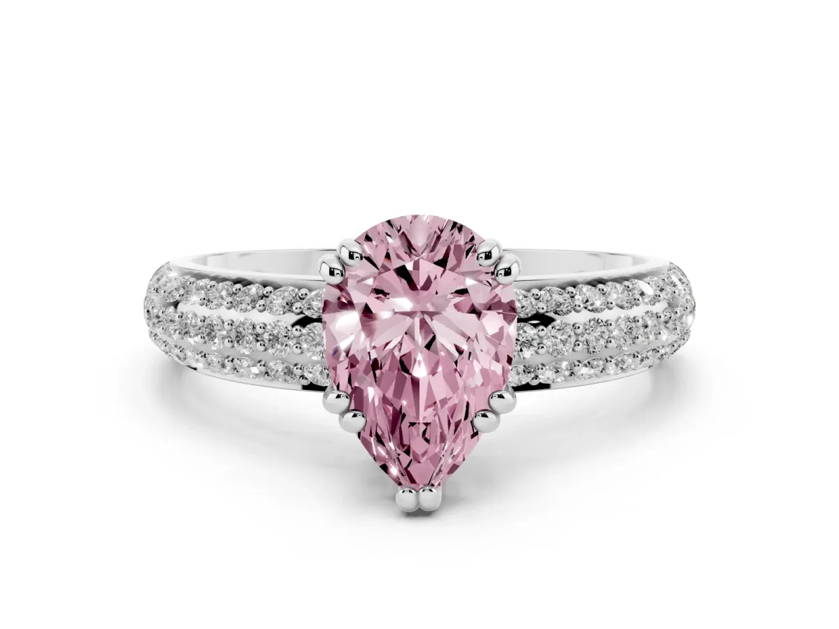 Fancy Pink Pear Cut Diamond Solitaire Ring with Multi-Row Round Pavé Band and Prong Setting Silver
